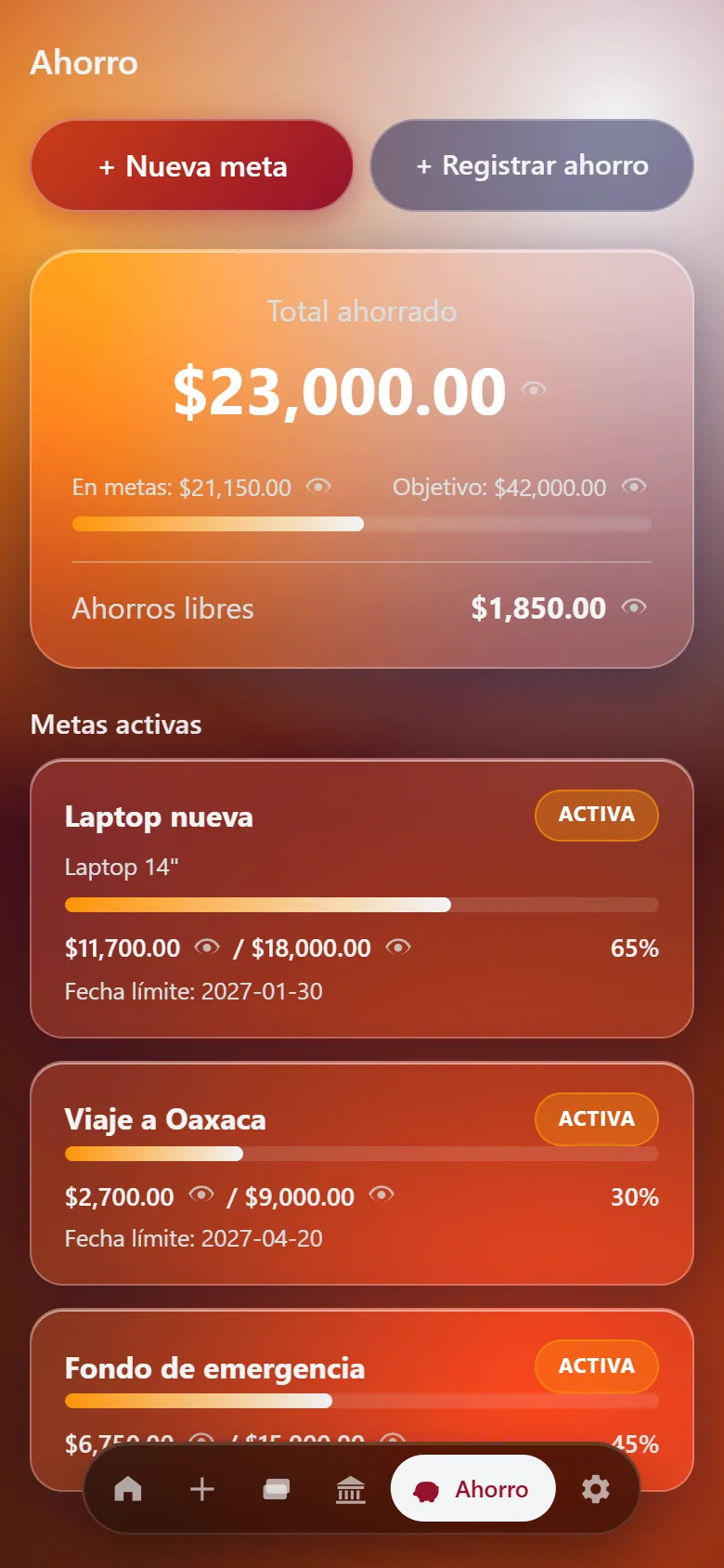 Metas de ahorro en Finex con datos de ejemplo
