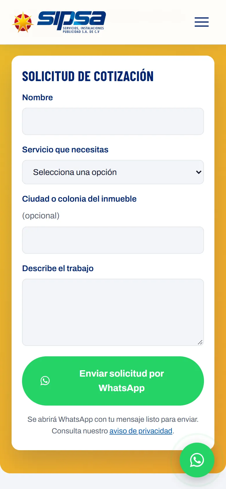 Formulario de cotización de SIPSA en un celular