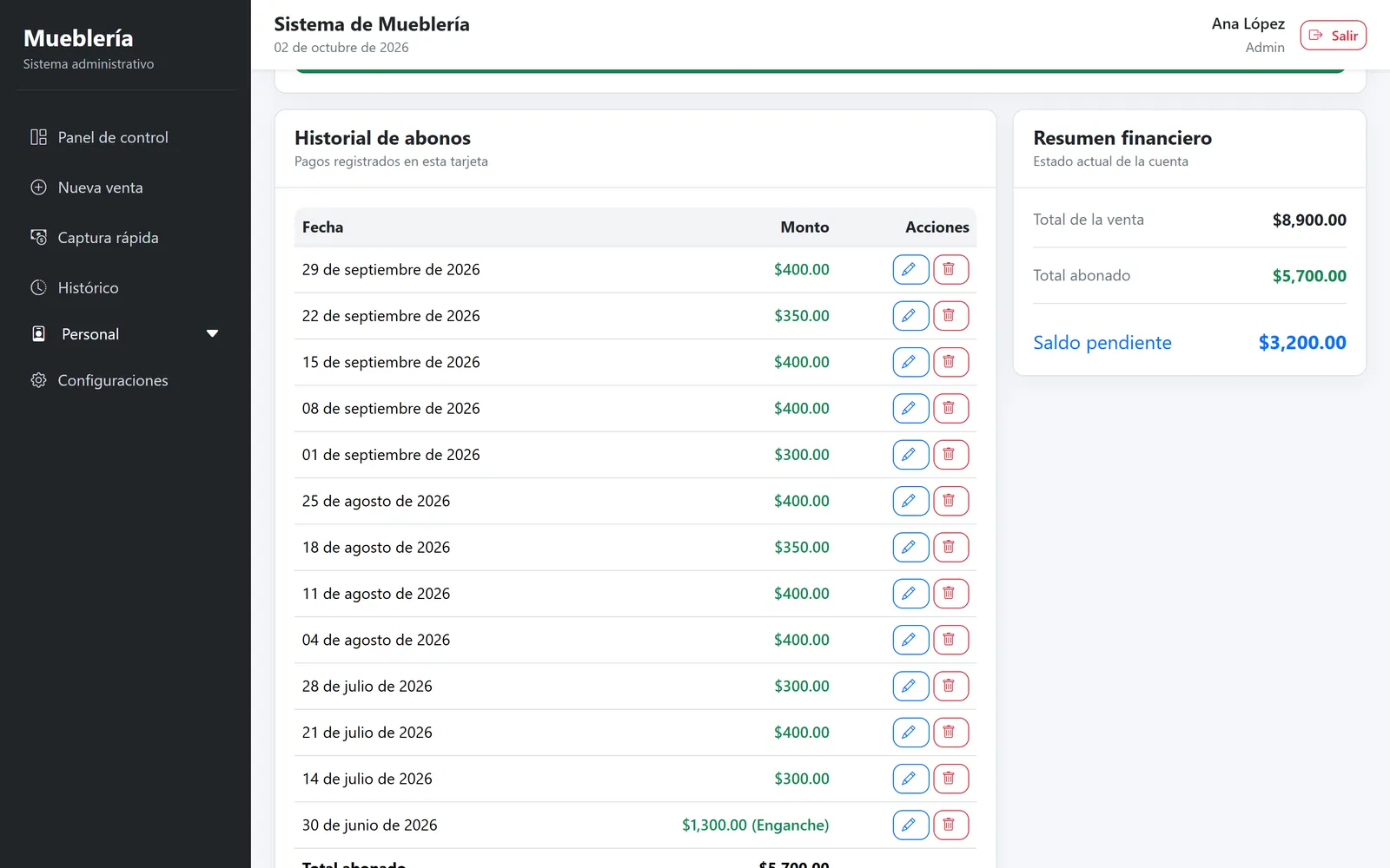 Historial de abonos y resumen financiero de una tarjeta, con datos de ejemplo