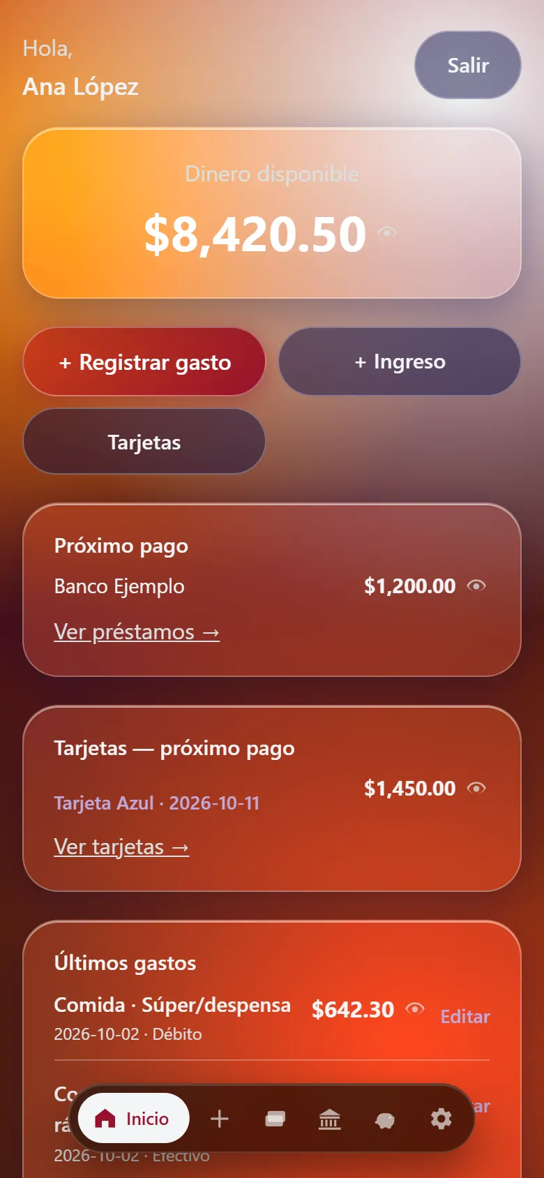 Pantalla de inicio de Finex en el celular con datos de ejemplo