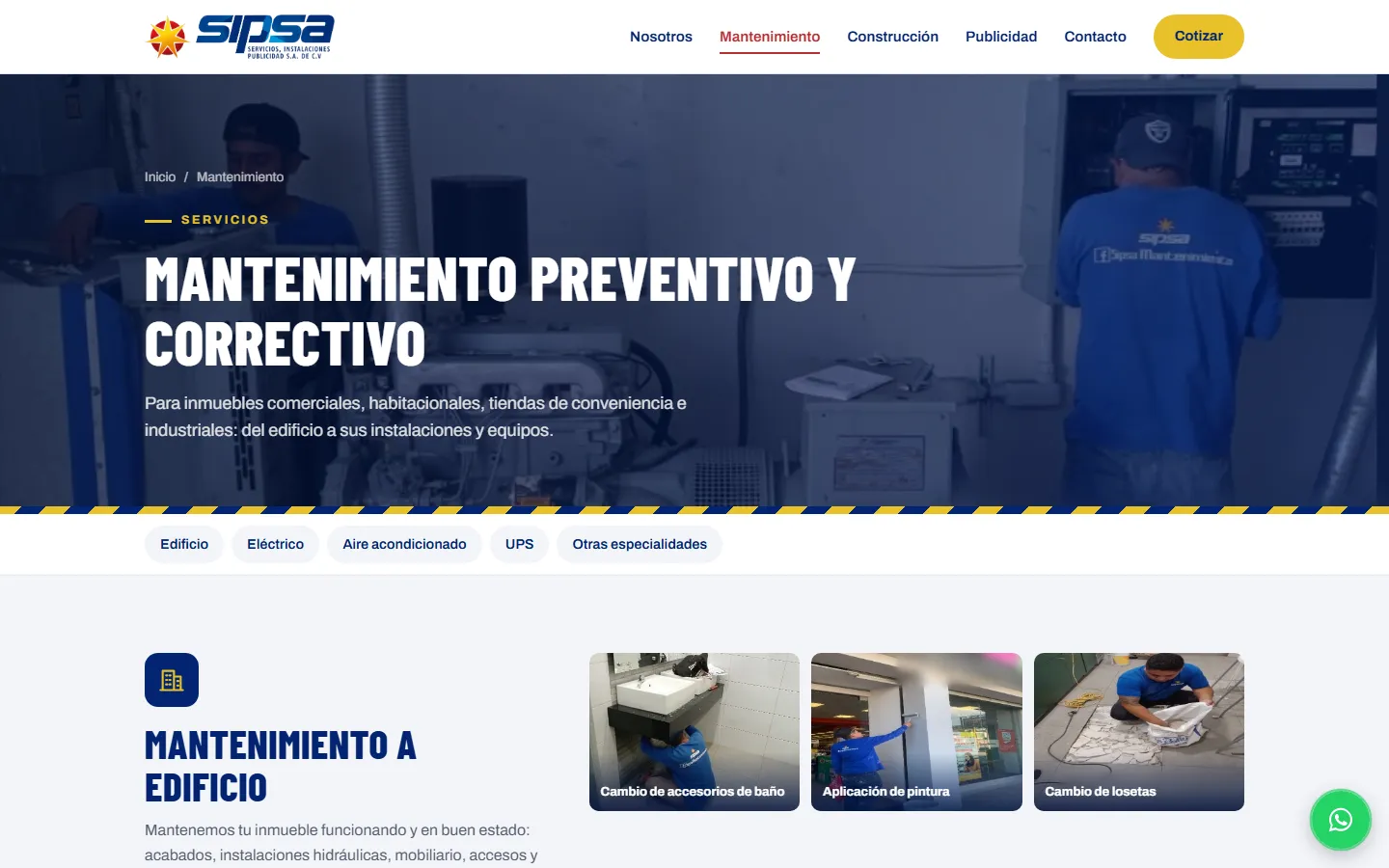 Página de Mantenimiento con submenú por especialidad y galería