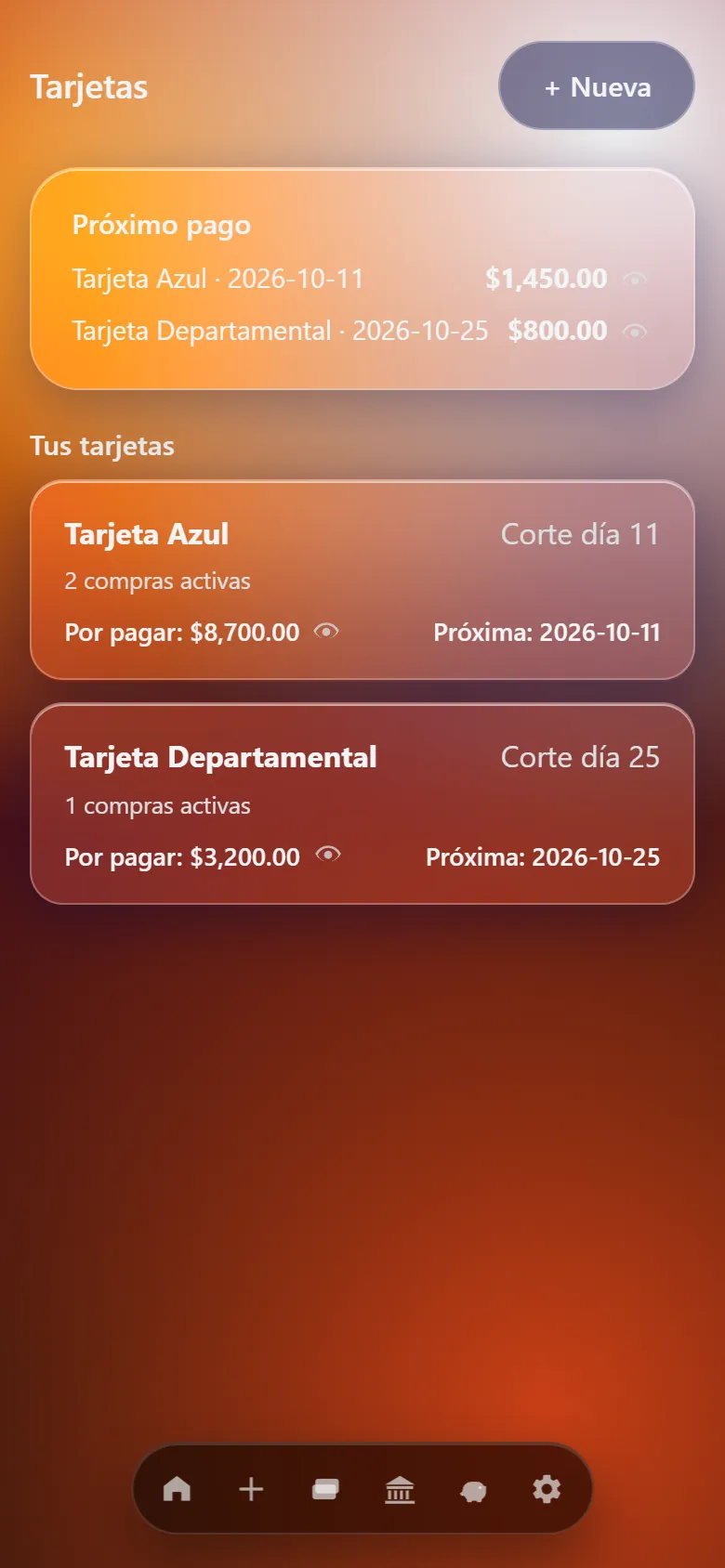 Tarjetas de crédito en Finex con datos de ejemplo